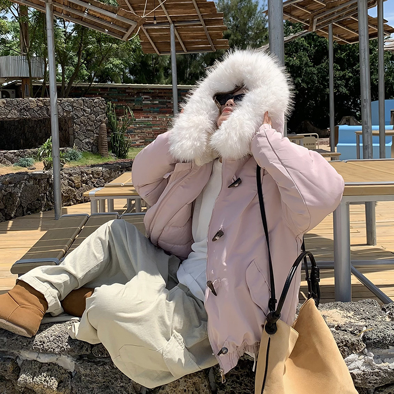 Long large fur collar cotton coat hooded coat
