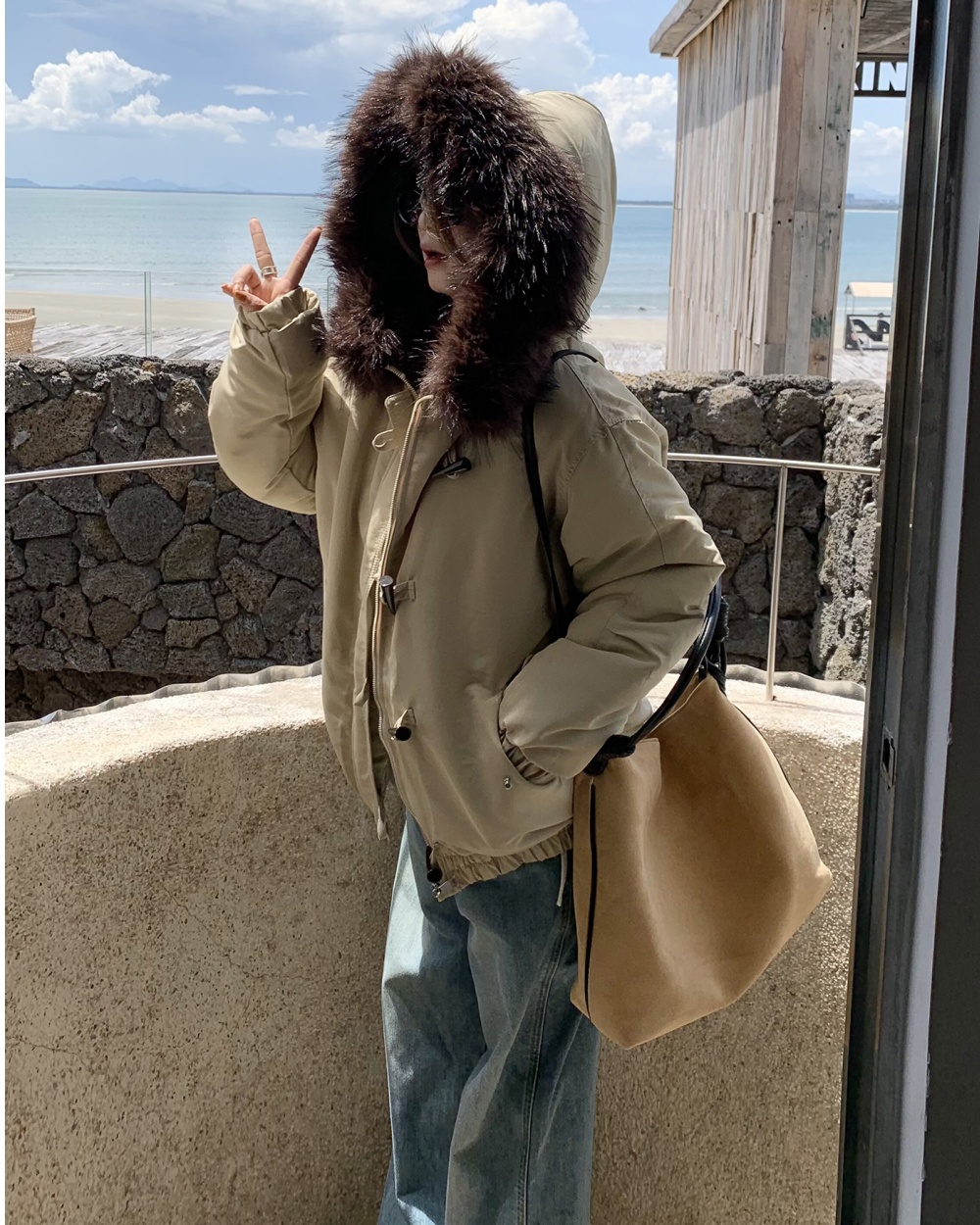 Long large fur collar cotton coat hooded coat