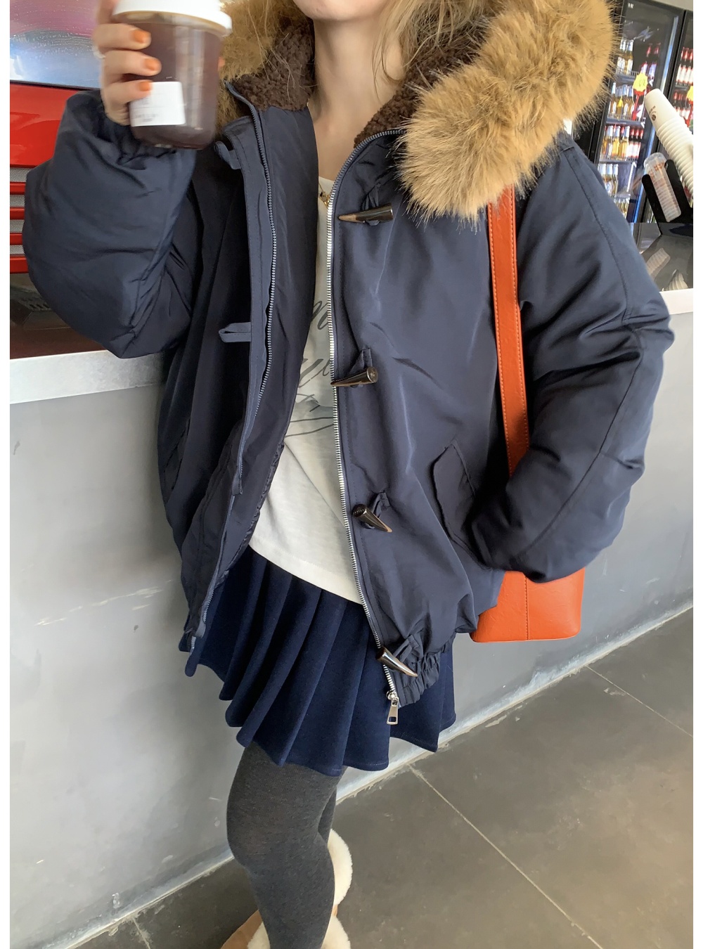 Long large fur collar cotton coat hooded coat