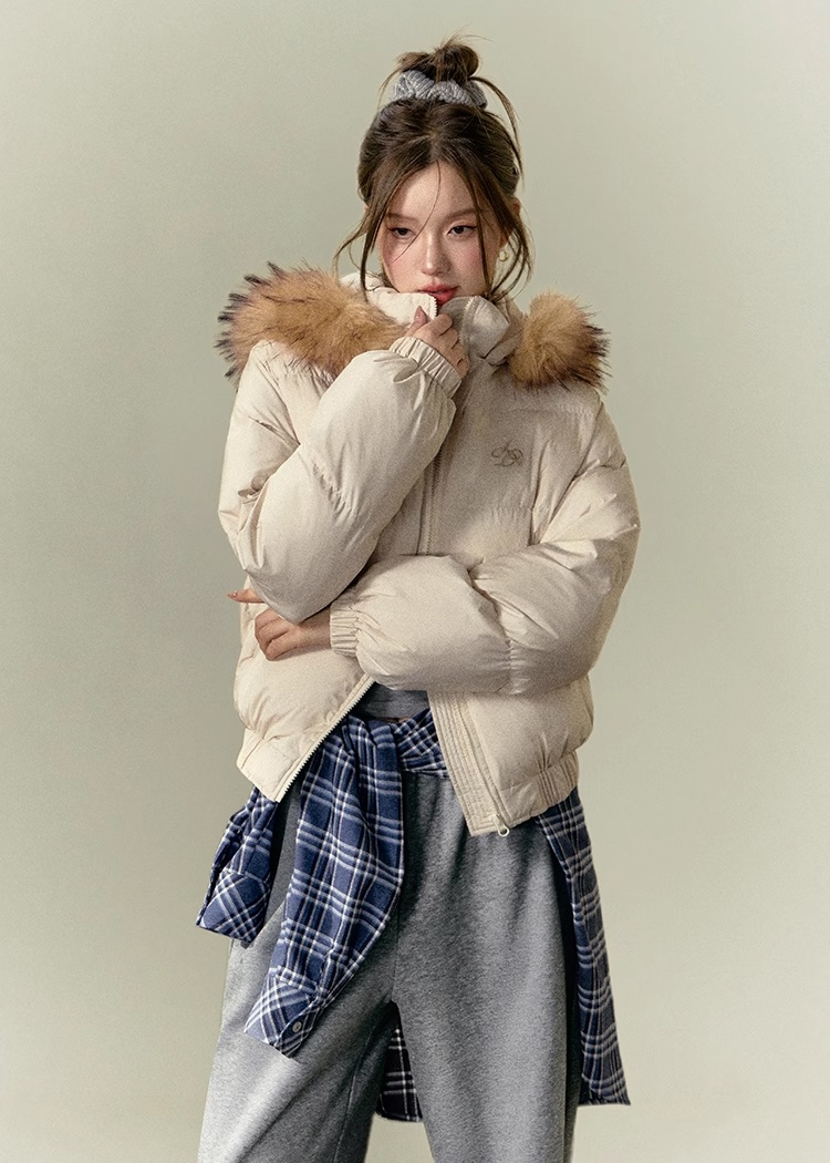 Large fur collar coat thermal cotton coat for women