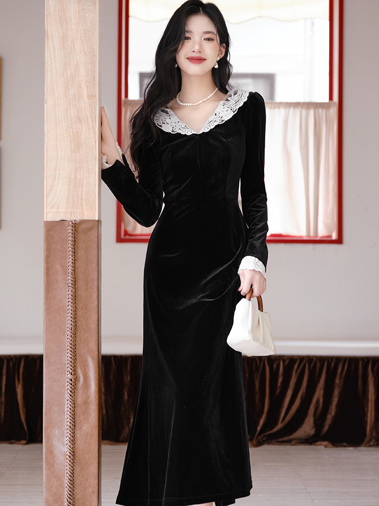 Black retro dress velvet lace long dress for women
