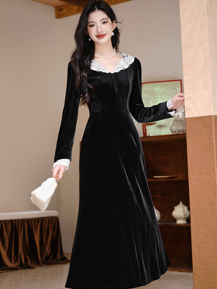 Black retro dress velvet lace long dress for women