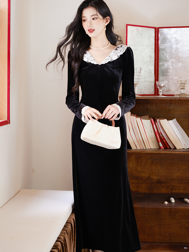 Black retro dress velvet lace long dress for women