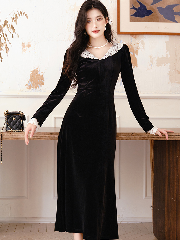 Black retro dress velvet lace long dress for women