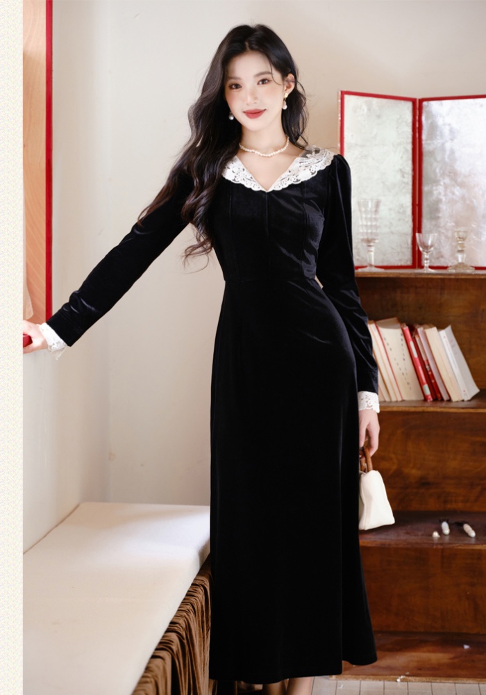 Black retro dress velvet lace long dress for women