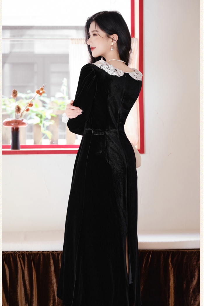 Black retro dress velvet lace long dress for women