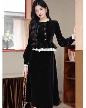 Velvet black dress Pseudo-two long dress for women
