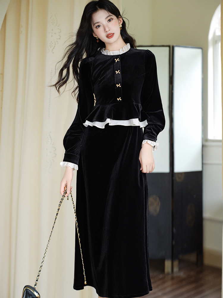 Velvet black dress Pseudo-two long dress for women