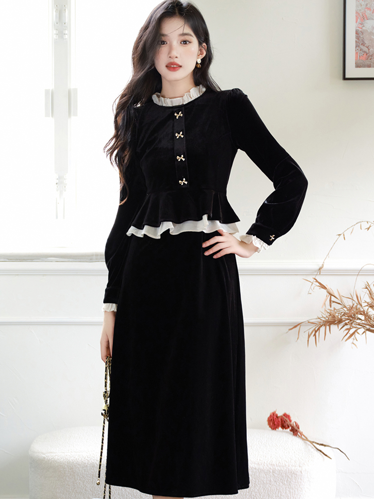 Velvet black dress Pseudo-two long dress for women