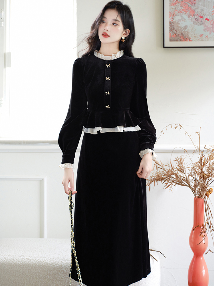 Velvet black dress Pseudo-two long dress for women