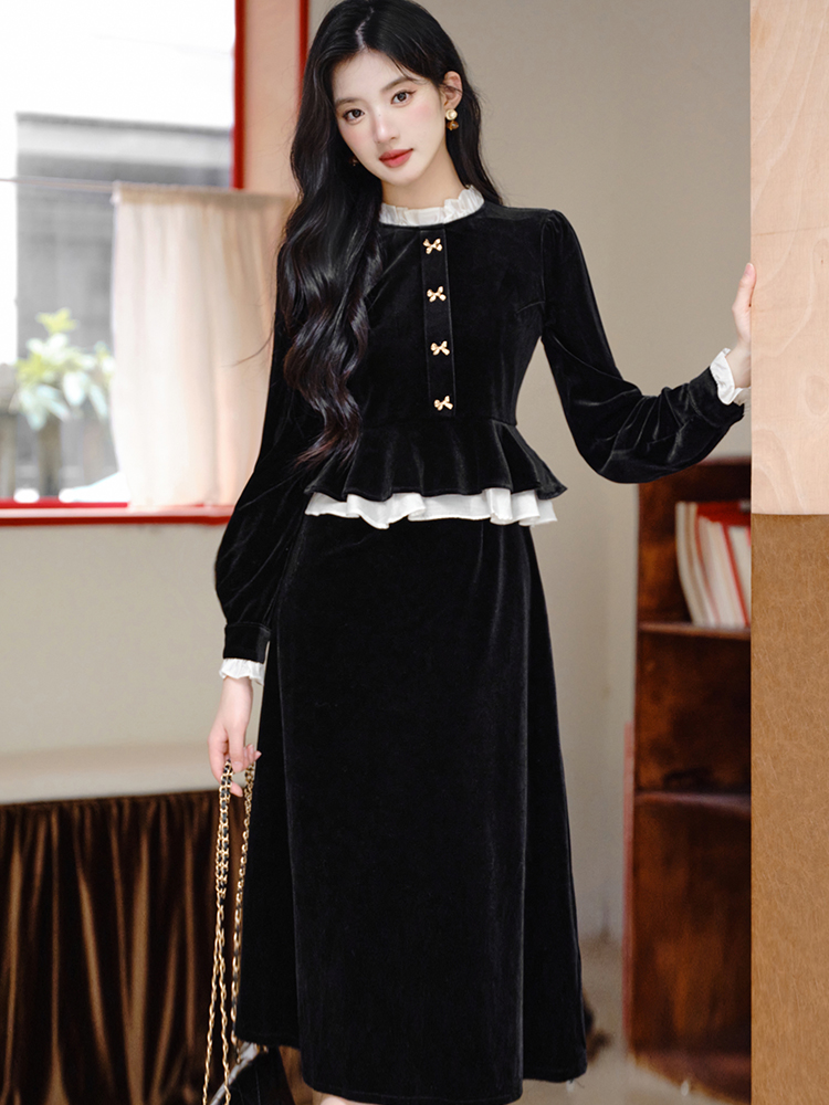 Velvet black dress Pseudo-two long dress for women