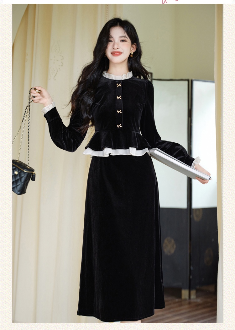 Velvet black dress Pseudo-two long dress for women