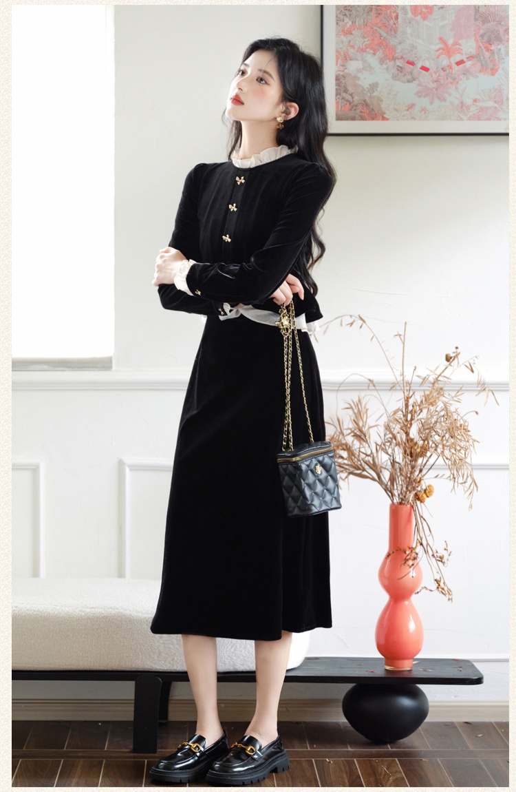 Velvet black dress Pseudo-two long dress for women