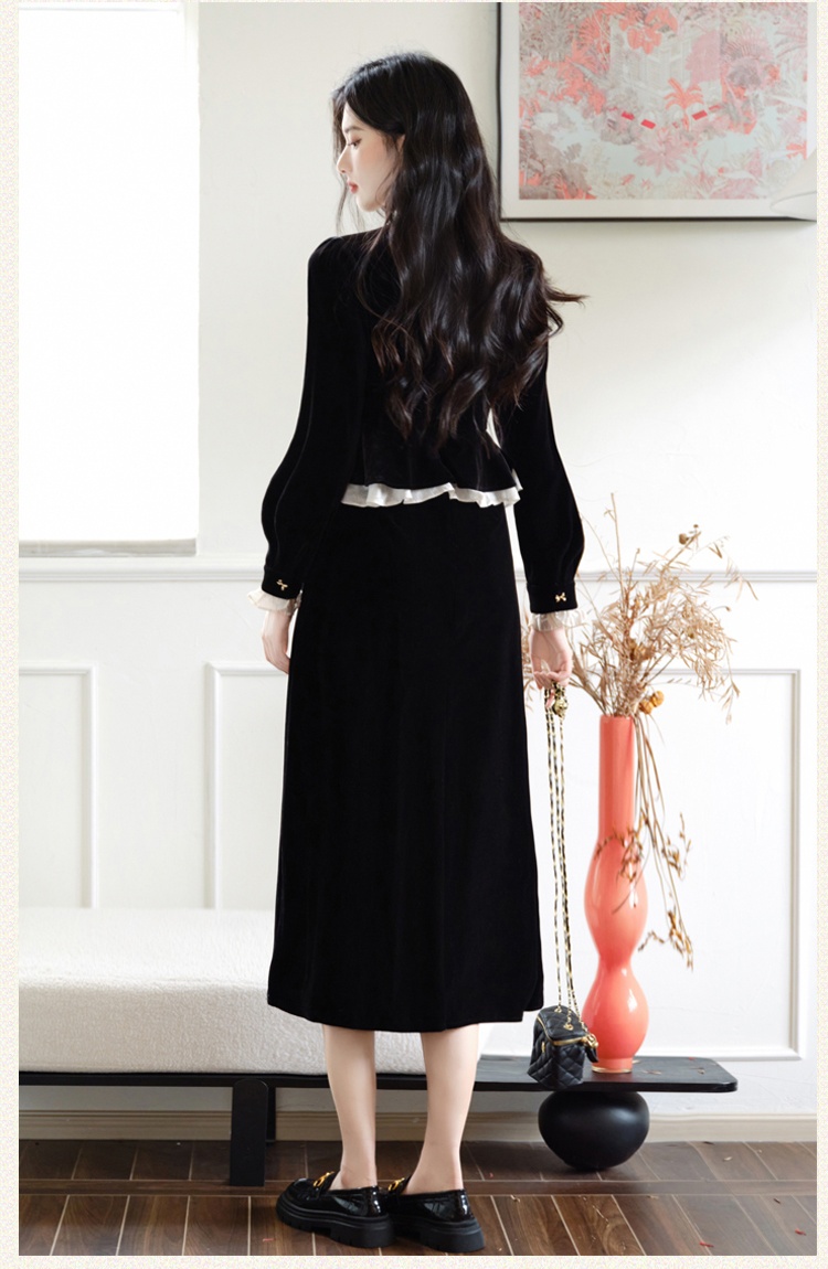 Velvet black dress Pseudo-two long dress for women