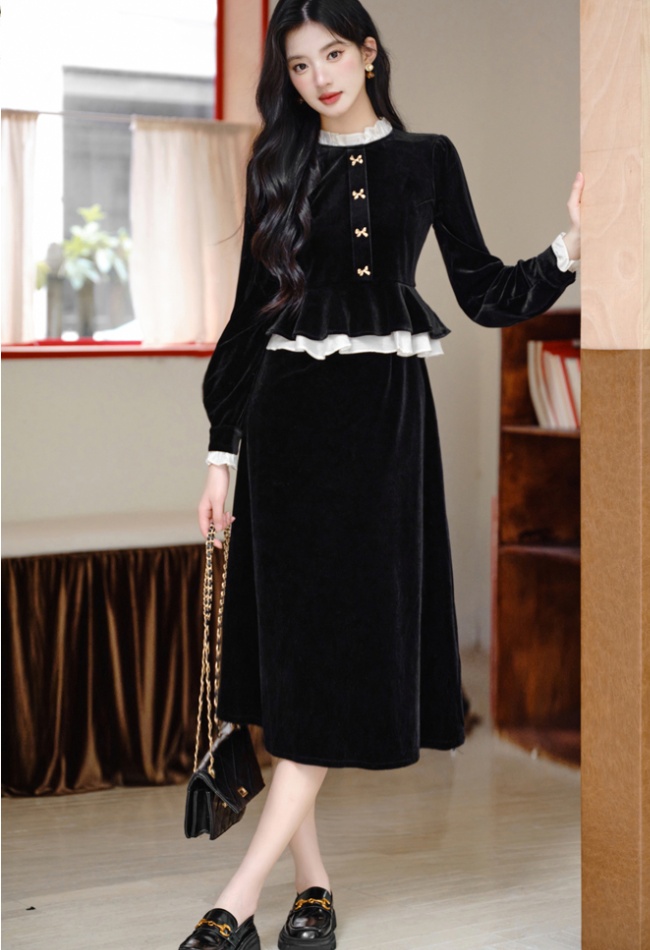 Velvet black dress Pseudo-two long dress for women