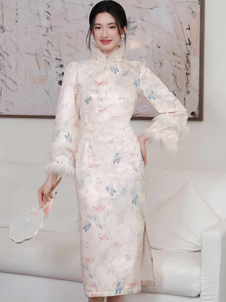 Tender butterfly cheongsam art autumn and winter dress