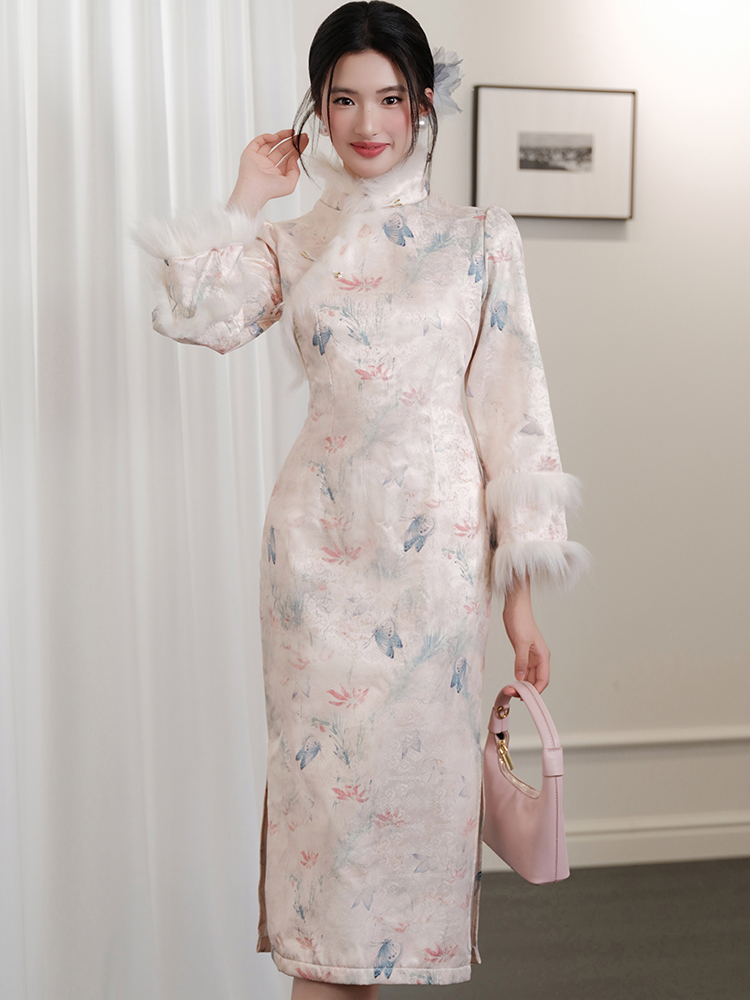 Tender butterfly cheongsam art autumn and winter dress