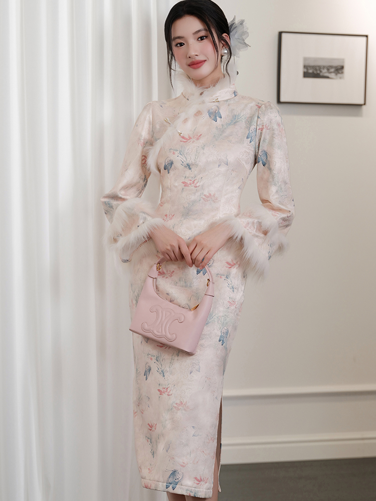 Tender butterfly cheongsam art autumn and winter dress