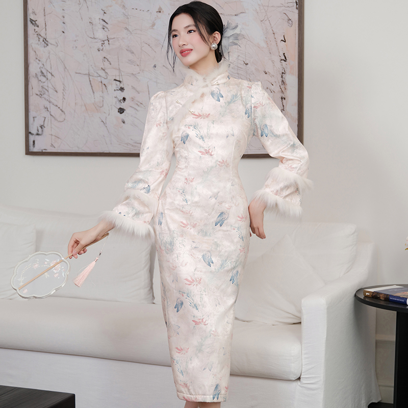 Tender butterfly cheongsam art autumn and winter dress