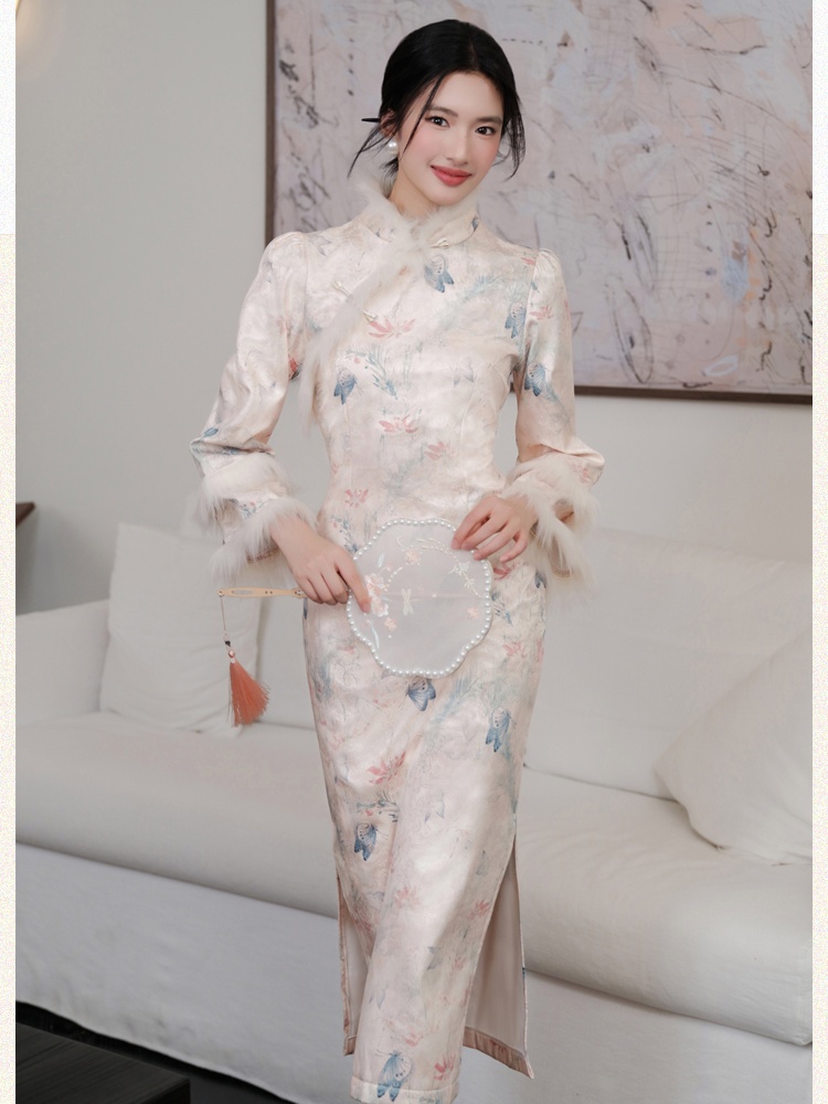 Tender butterfly cheongsam art autumn and winter dress