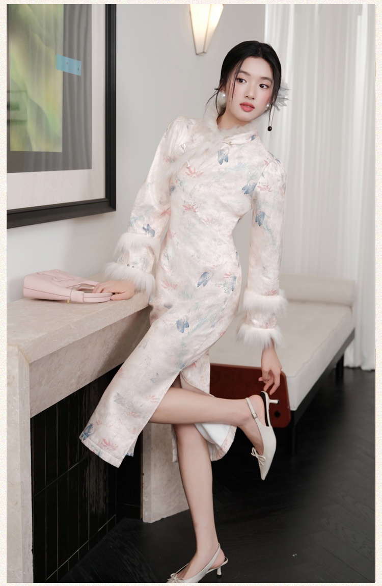 Tender butterfly cheongsam art autumn and winter dress