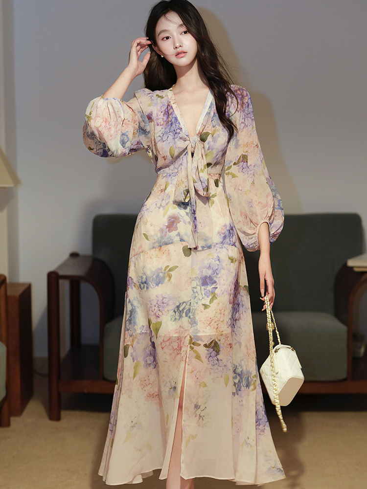 Chiffon summer dress floral long dress for women