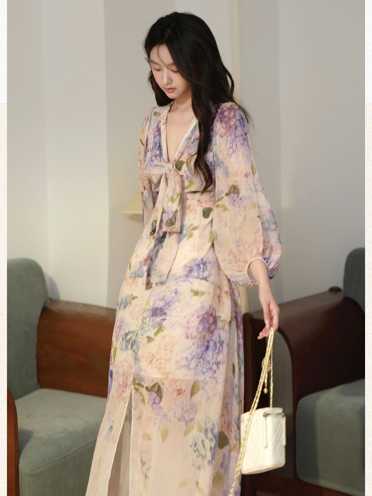 Chiffon summer dress floral long dress for women