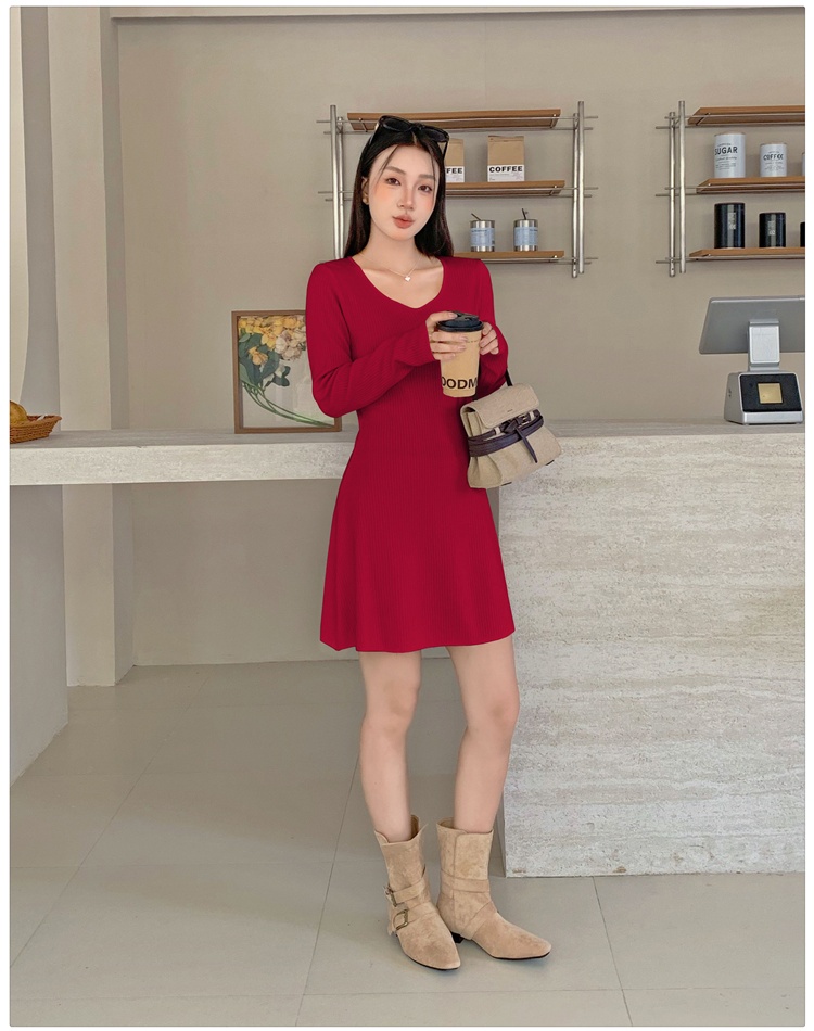 A-line France style sweater dress pinched waist dress for women