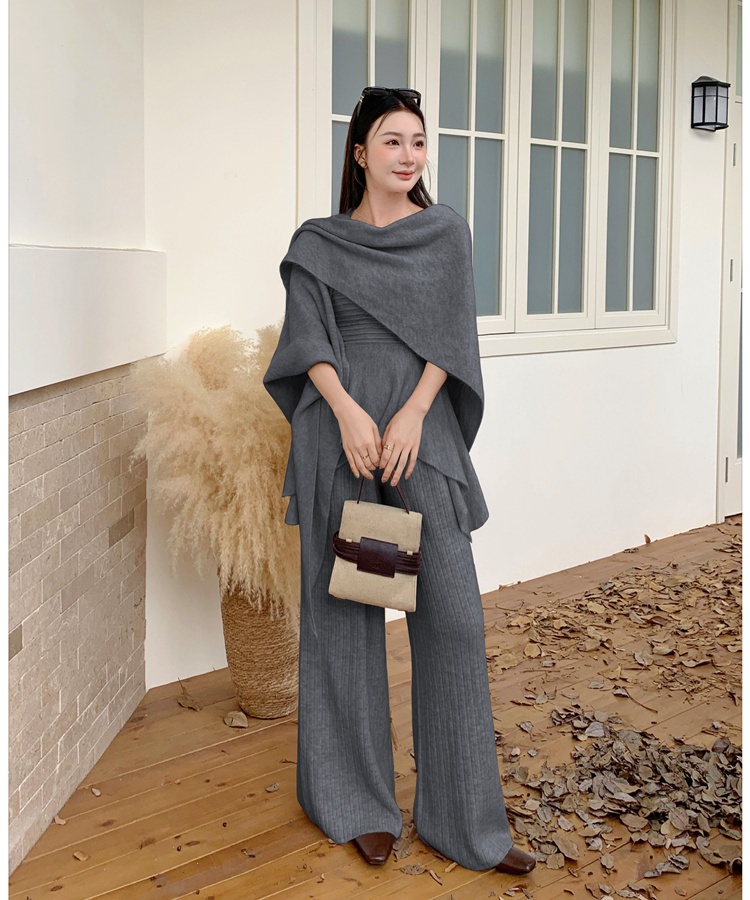 Autumn shawl wide leg pants 3pcs set for women