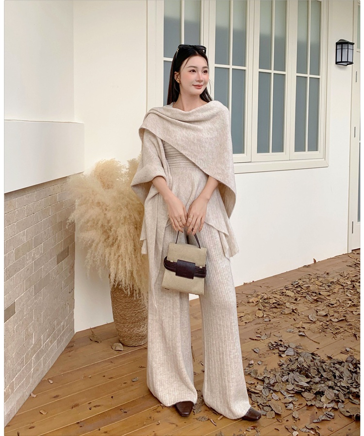 Autumn shawl wide leg pants 3pcs set for women