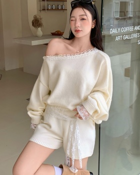 Knitted sweater spicegirl shorts 2pcs set for women
