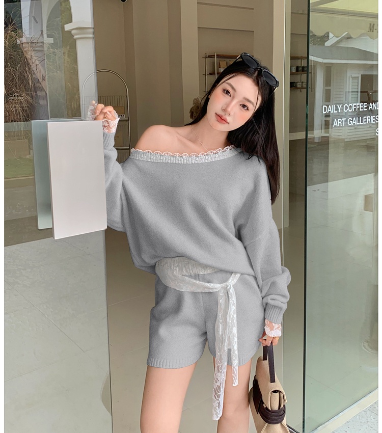 Knitted sweater spicegirl shorts 2pcs set for women