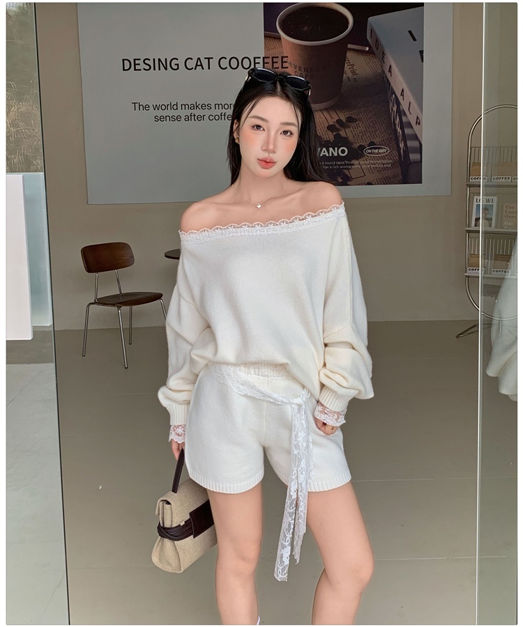 Knitted sweater spicegirl shorts 2pcs set for women