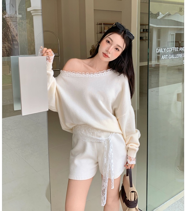 Knitted sweater spicegirl shorts 2pcs set for women