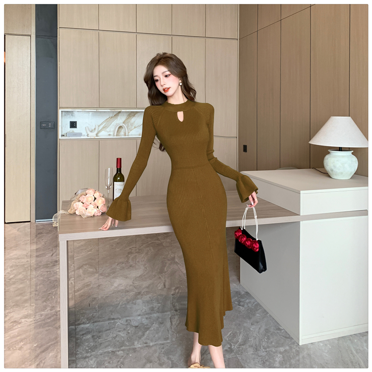 Trumpet sleeves dress hollow long dress for women