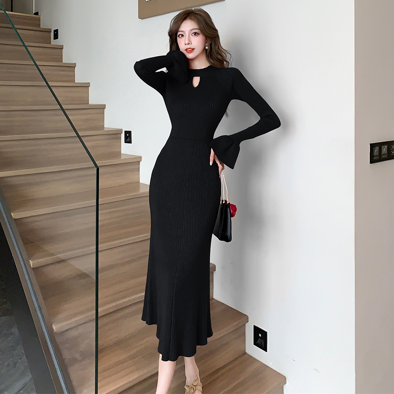 Trumpet sleeves dress hollow long dress for women