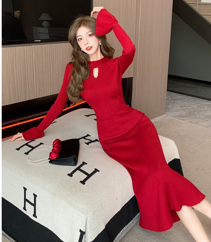 Trumpet sleeves dress hollow long dress for women