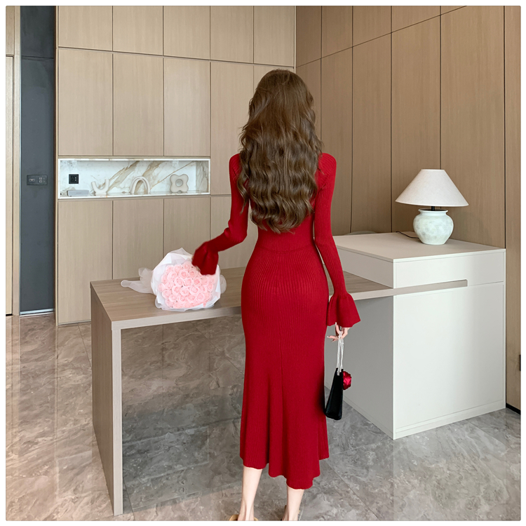 Trumpet sleeves dress hollow long dress for women