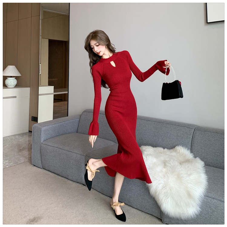 Trumpet sleeves dress hollow long dress for women