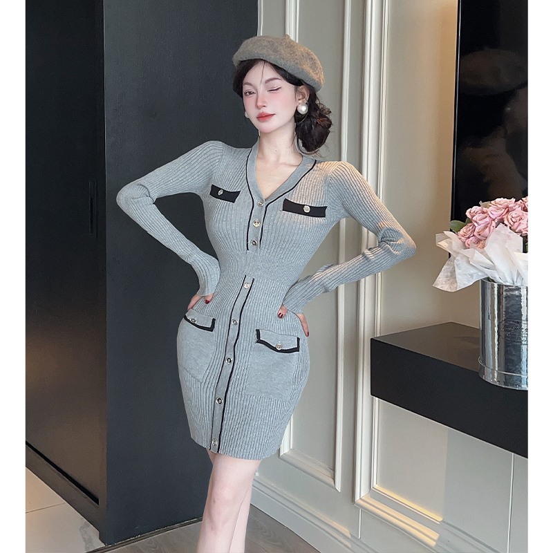Slim France style sweater dress gray dress for women