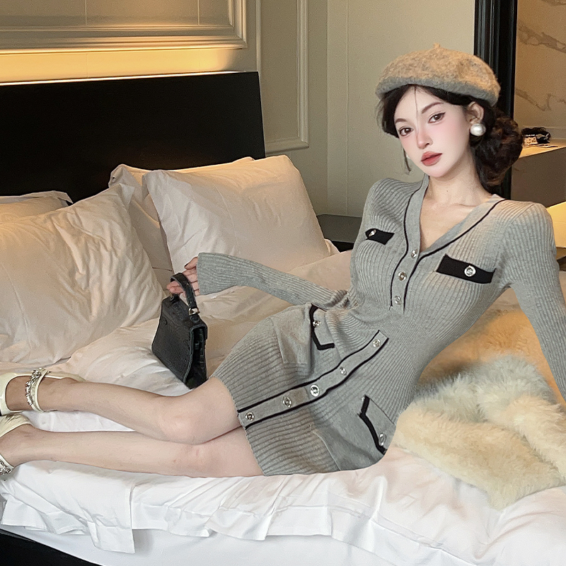 Slim France style sweater dress gray dress for women