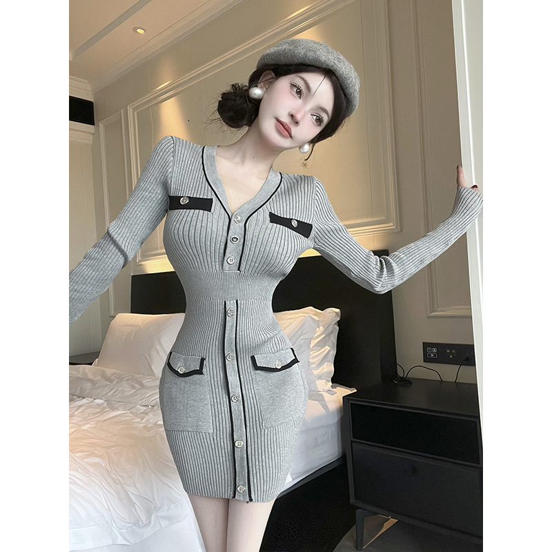 Slim France style sweater dress gray dress for women
