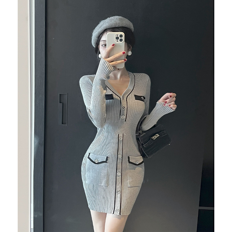 Slim France style sweater dress gray dress for women