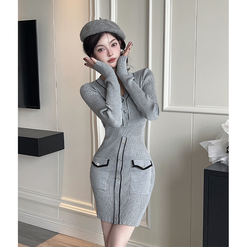 Slim France style sweater dress gray dress for women
