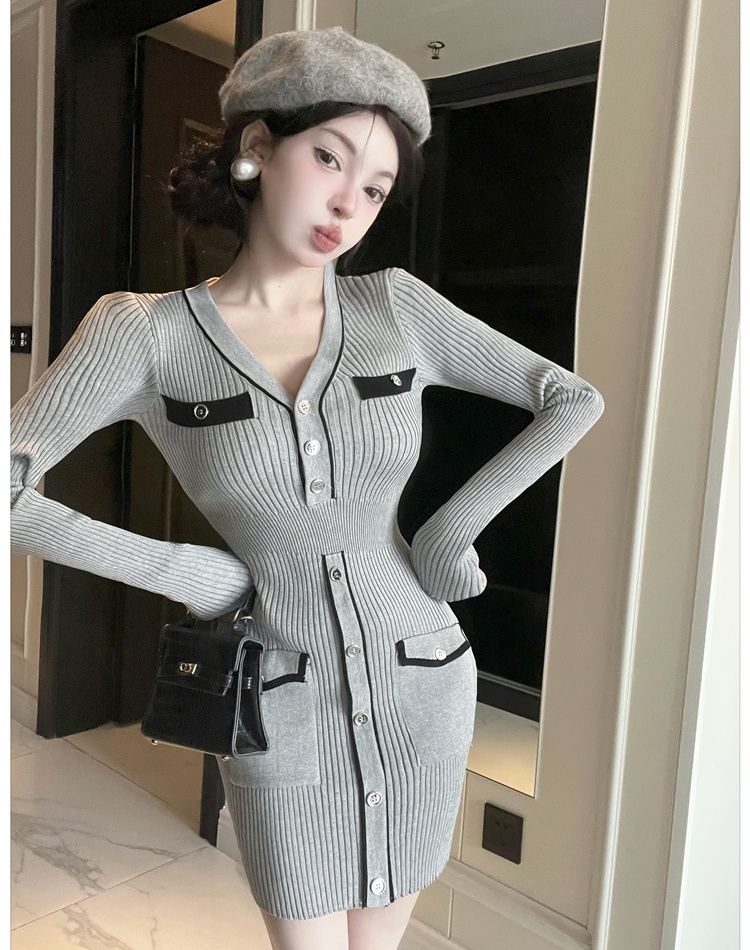 Slim France style sweater dress gray dress for women