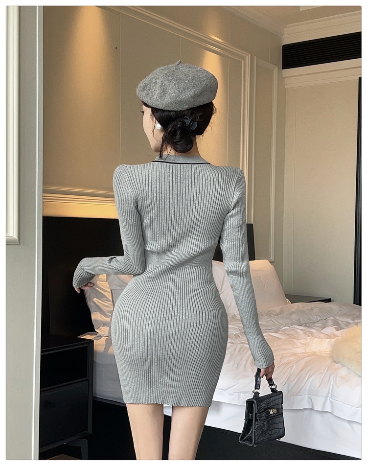 Slim France style sweater dress gray dress for women
