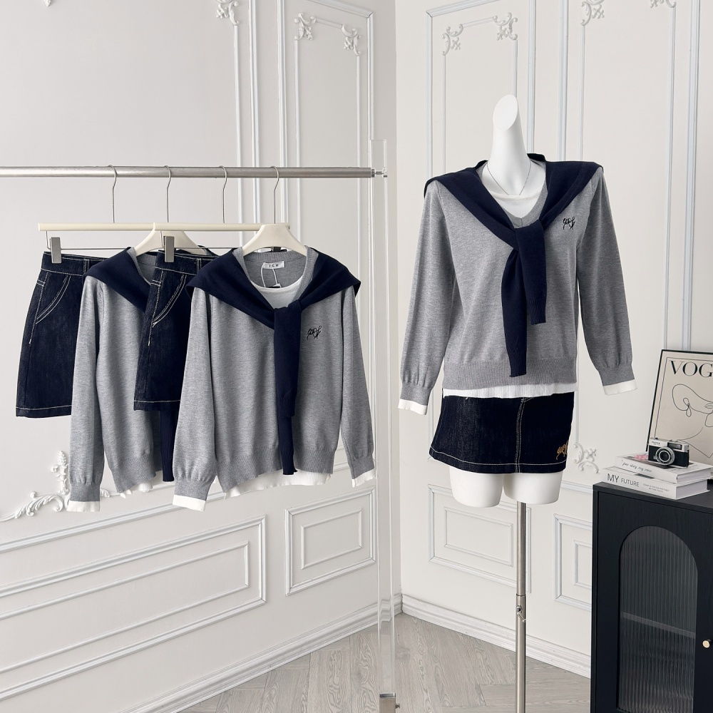 Commuting Korean style jeans knitted denim tops 3pcs set