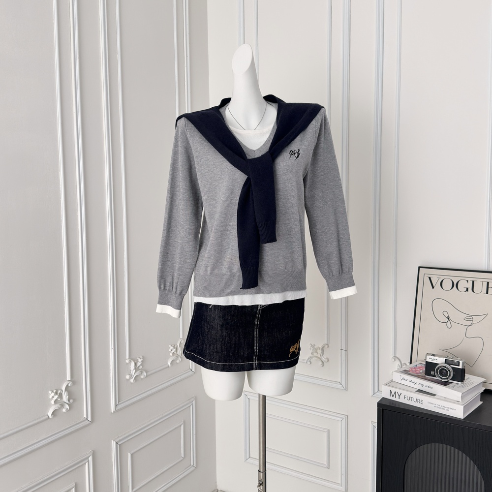 Commuting Korean style jeans knitted denim tops 3pcs set