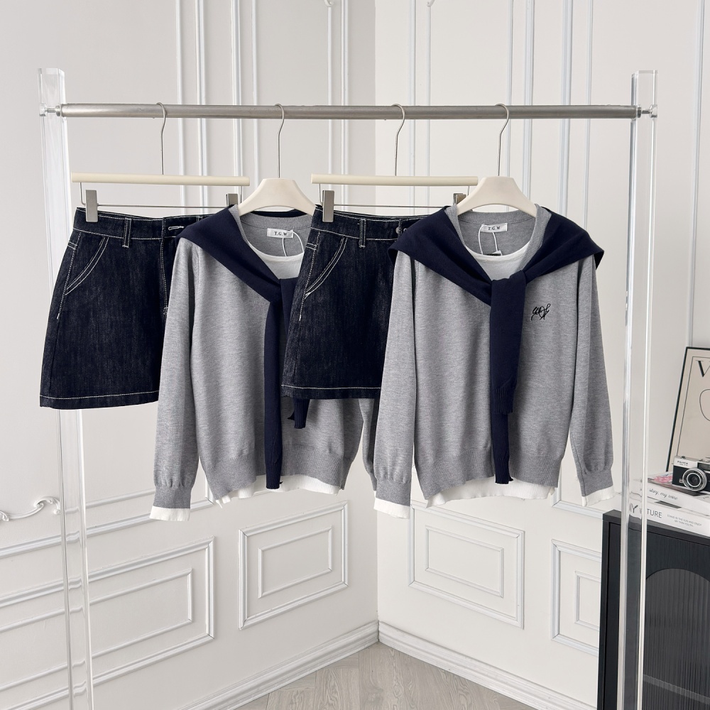 Commuting Korean style jeans knitted denim tops 3pcs set