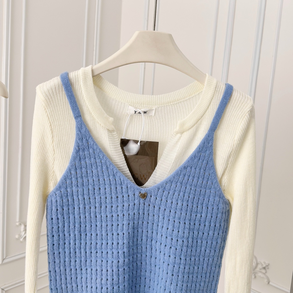 Temperament autumn blue sweater 2pcs set for women